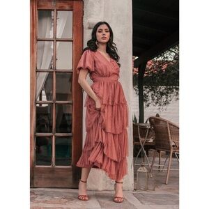 Jessakae Havana Maxi Tulle Ruffle Dress Brick Mauve Pink XS